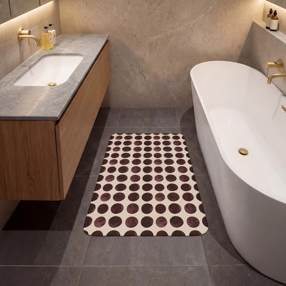 KOUPELNOVÁ PŘEDLOŽKA Puntíky - Vzor - Hnědý 60x90 cm - bordeaux, textil/plast (60/90cm)