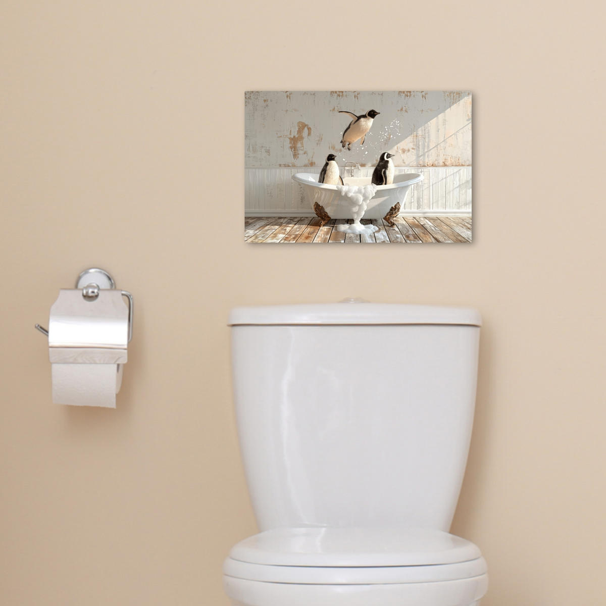 LEINWANDBILD Vintage - Pinguin - Badewanne - Schaumstoff 30x20 cm - Schwarz, Textil (30/20cm) - MuchoWow