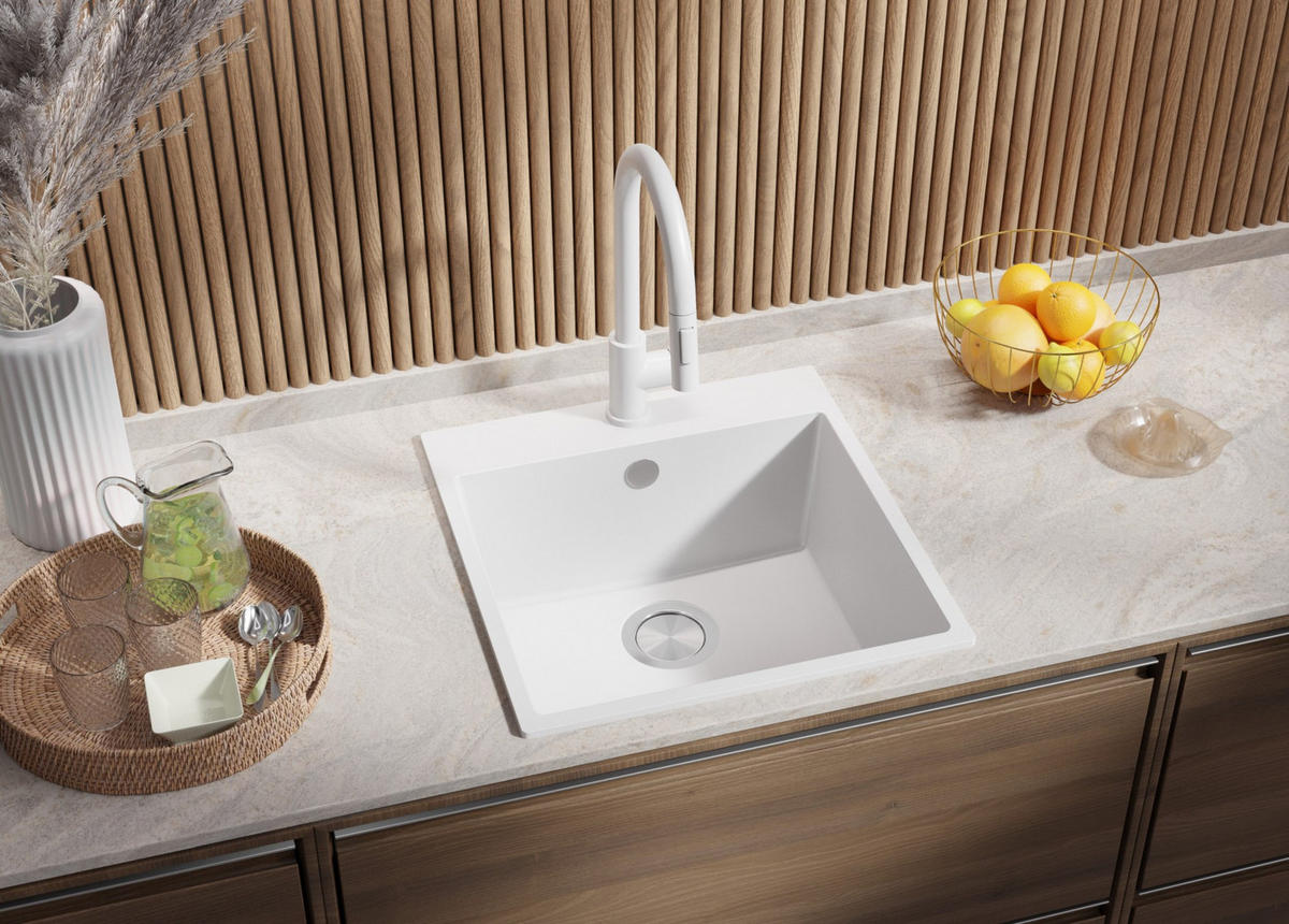 GRANITSPÜLE Riga, 2-er set Weiß 48/50 cm 1 Becken + Küchenarmatur 32/20 cm + Ablauf-Set ab 50er Unterschrank - Chromfarben/Weiß, Kunststoff (48/20/50cm) - Primagran