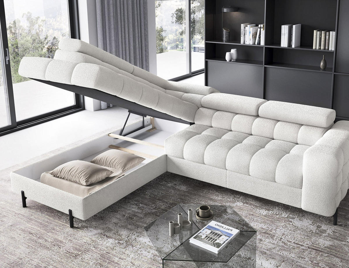 WOHNLANDSCHAFT FERUCCE Ecksofa L-Form – Polsterecke mit Schlaffunktion, Bettkasten & verstellbaren Kopfstützen 276 cm - Weiß, Kunststoff (276/200cm) - Wohnideebilder