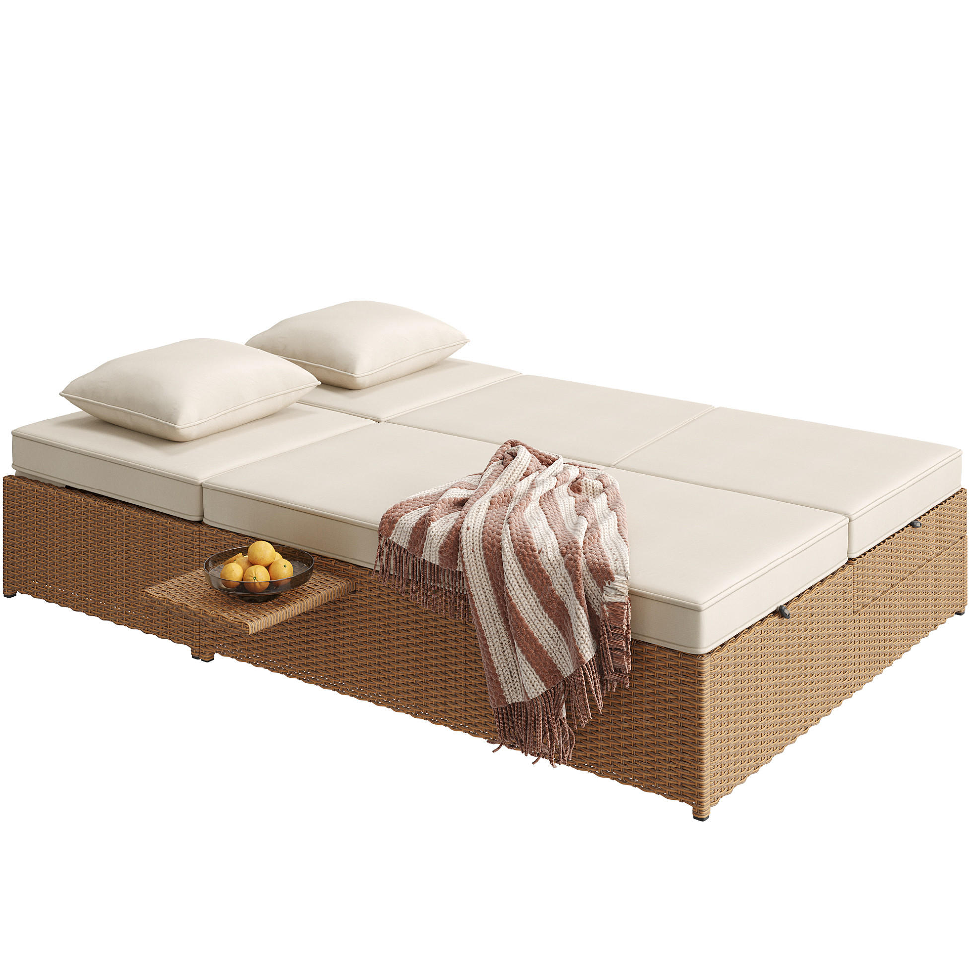 GARTENLIEGE aus Metall, PE-Rattan und Polyester 199x120x37 cm Weiß mit verstellbaren Rückenlehnen, Kissen und Beistelltisch - Weiß, Kunststoff (120/37/199cm) - Modfu
