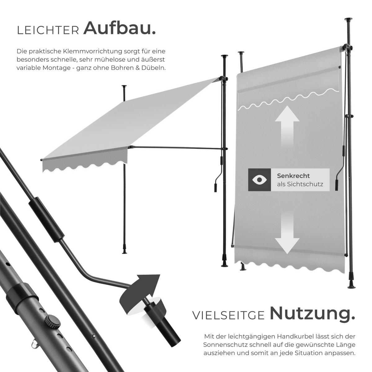 KLEMMMARKISE ,einfache Montage,hellgrau - Hellgrau, Kunststoff (150/304/180cm) - tectake