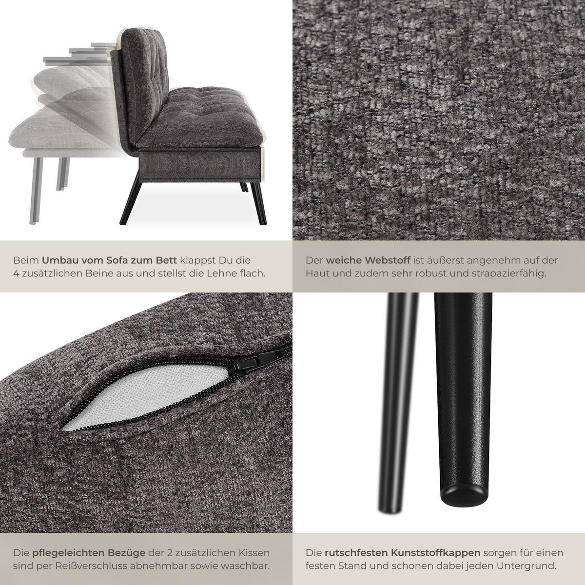SCHLAFSOFA Tokio, Belastbarkeit 300 kg, 175 x 66 x 87 cm, grau - Grau, Kunststoff/Textil (108/45/175cm) - tectake