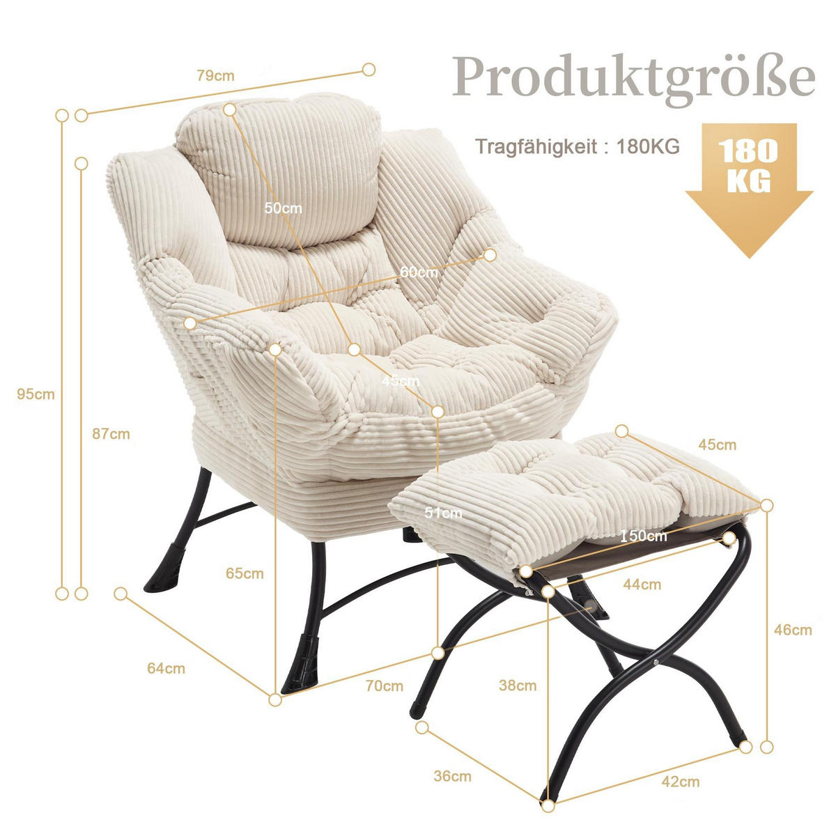 LOUNGESESSEL Relaxsessel mit Hocker,dicke Polsterung,Weiß - Weiß, Metall (70/95/64cm) - LVHOM