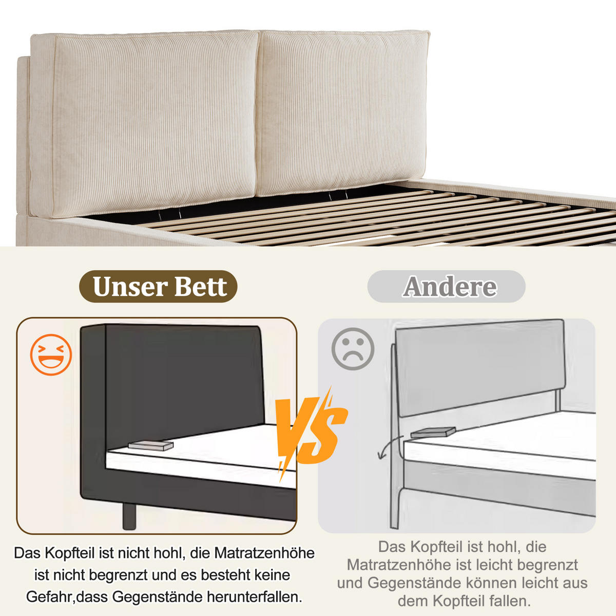 POLSTERBETT 180/200 cm Beige aus Cord mit Stauraum - Beige, Textil (180/200cm) - OKMYHOME