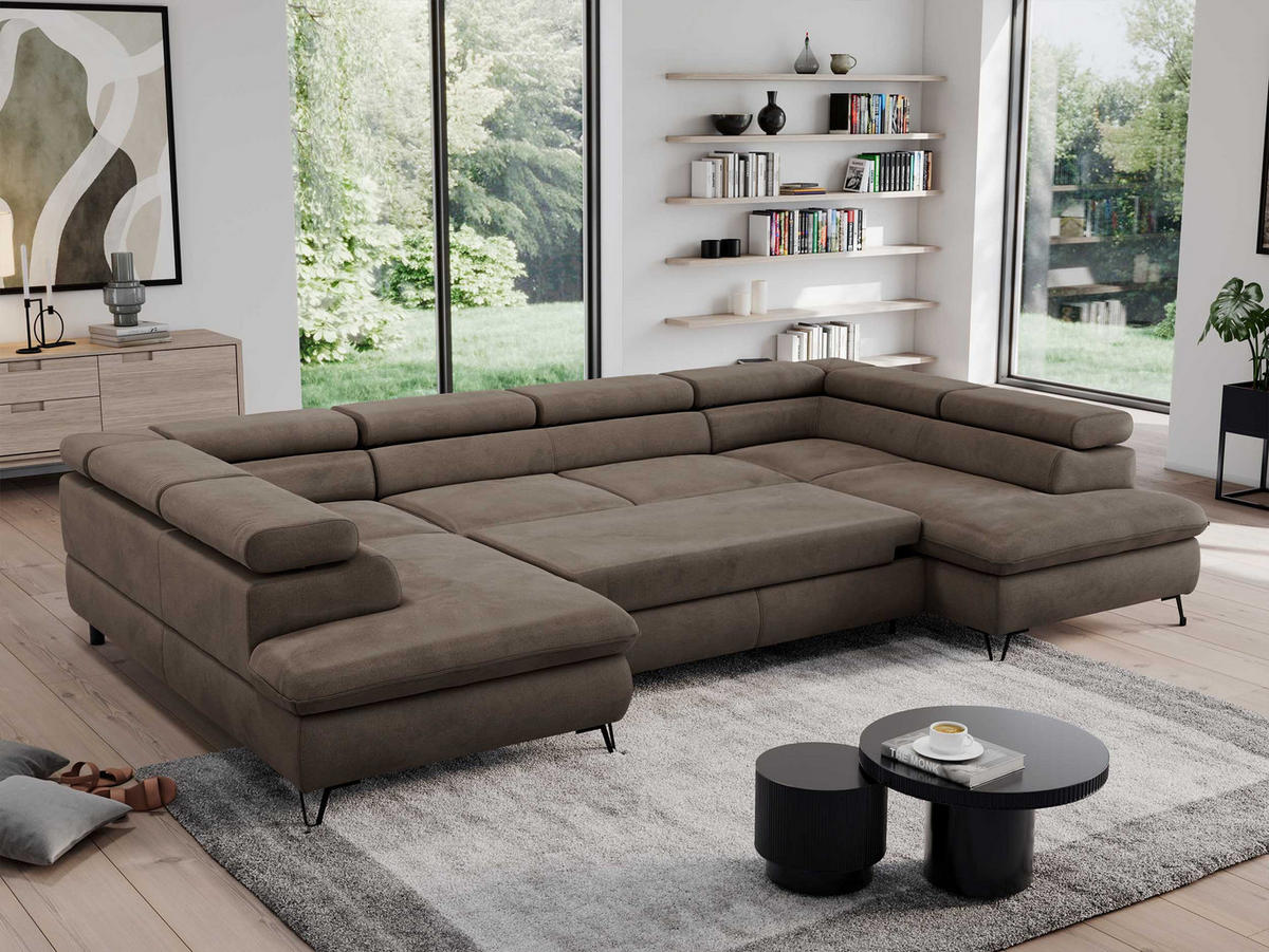 WOHNLANDSCHAFT PEDRO U Velvet Braun - Schwarz/Braun, Textil/Metall (346/76/208cm) - MKS