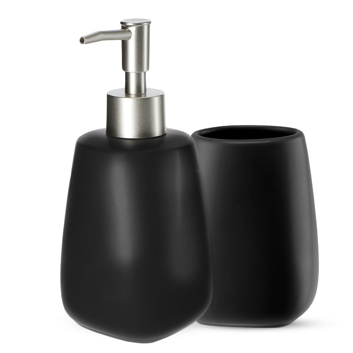 BADEZIMMERSET SEIFENSPENDER + Badezimmerbecher-Set, schwarz - Schwarz, Keramik (8/11cm) - KADAX