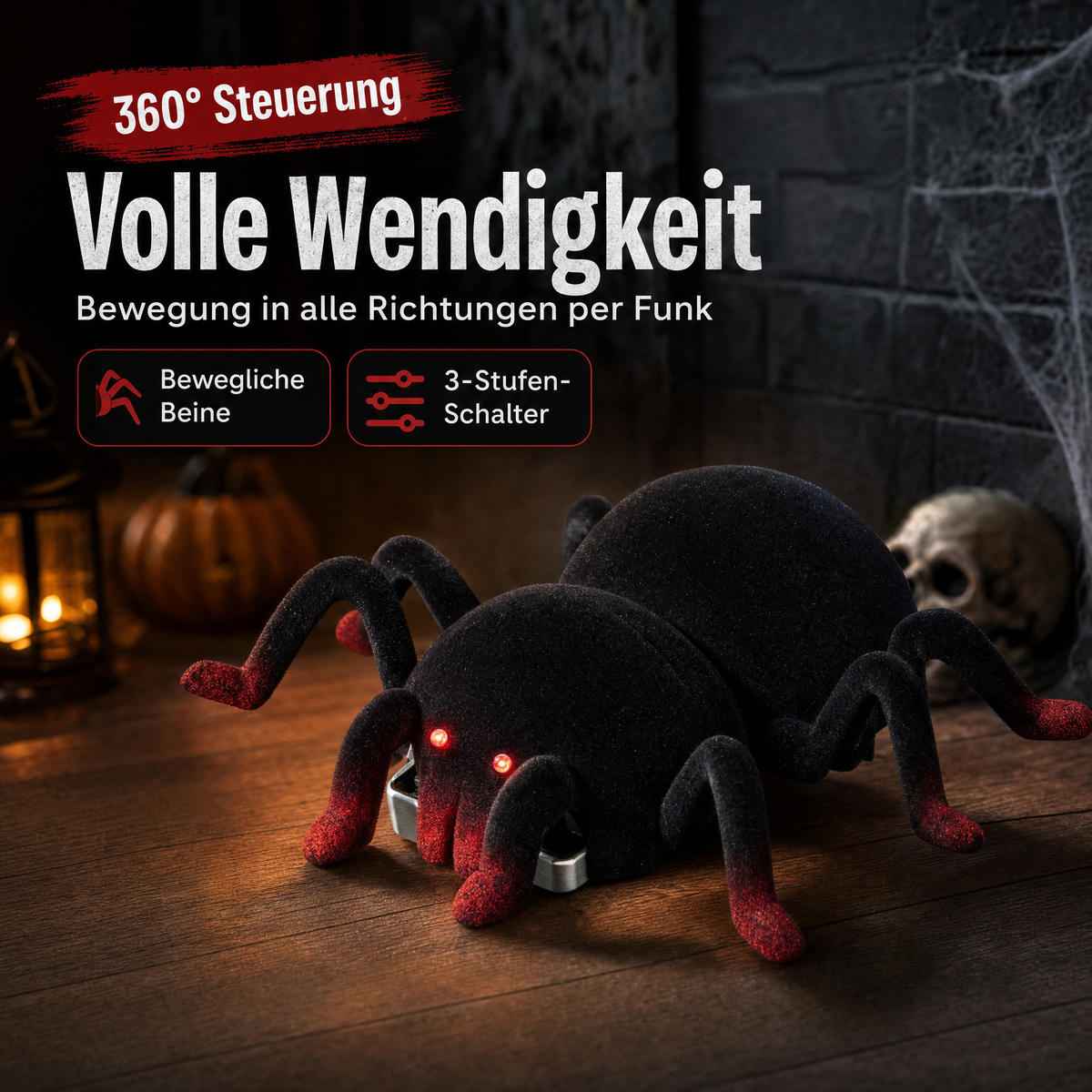 HALLOWEEN-SPINNE Ferngesteuert - mit 360° Rotation, leuchtenden Augen und beweglichen Beinen für gruselige Deko, Akku betrieben - Weiß, Kunststoff (15/12.3/4.5cm) - Northpoint