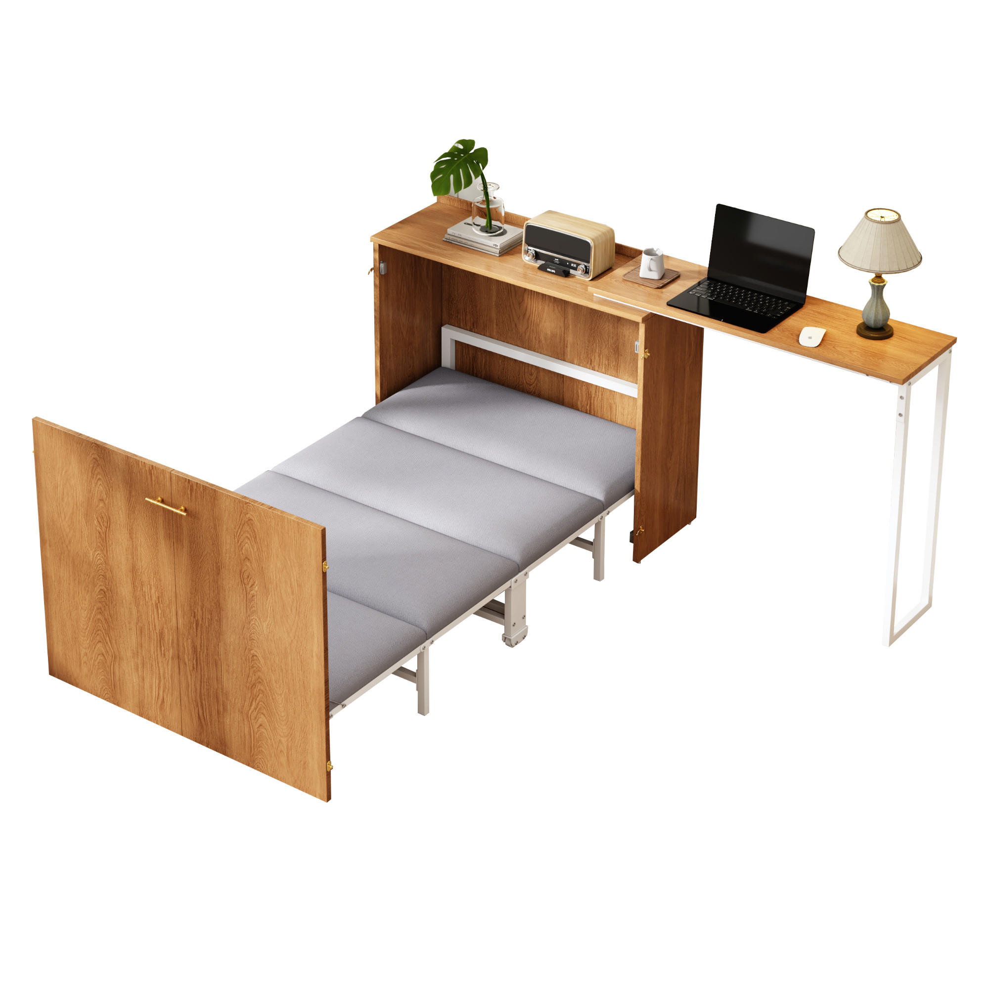 KLAPPBETT 90/200 cm in Natur mit Drehschreibtisch und Rollen - Naturfarben, Holzwerkstoff/Textil (90/200cm) - CHICFURN