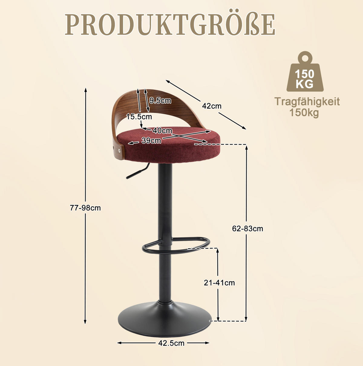 BARHOCKER drehbar höhenverstellbar 62-83 cm Wine Red 2er-Set - Rot, Metall (42/77/42.5cm) - Meubliv