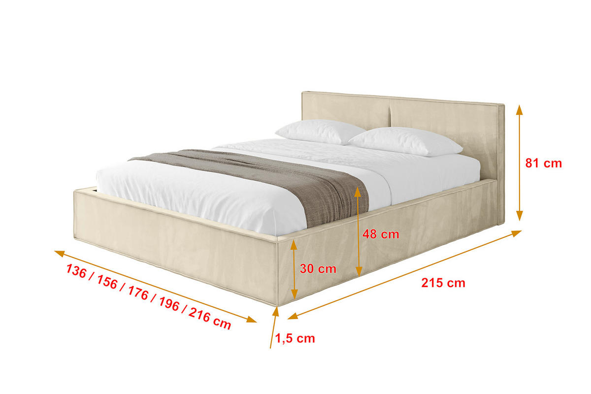 POLSTERBETT mit Bettkasten und Lattenrost, Boxbett ohne Matratze - EMMI-V1 180x200 Beige - Ecru, Holzwerkstoff/Textil (180/200cm) - ALTDECOR