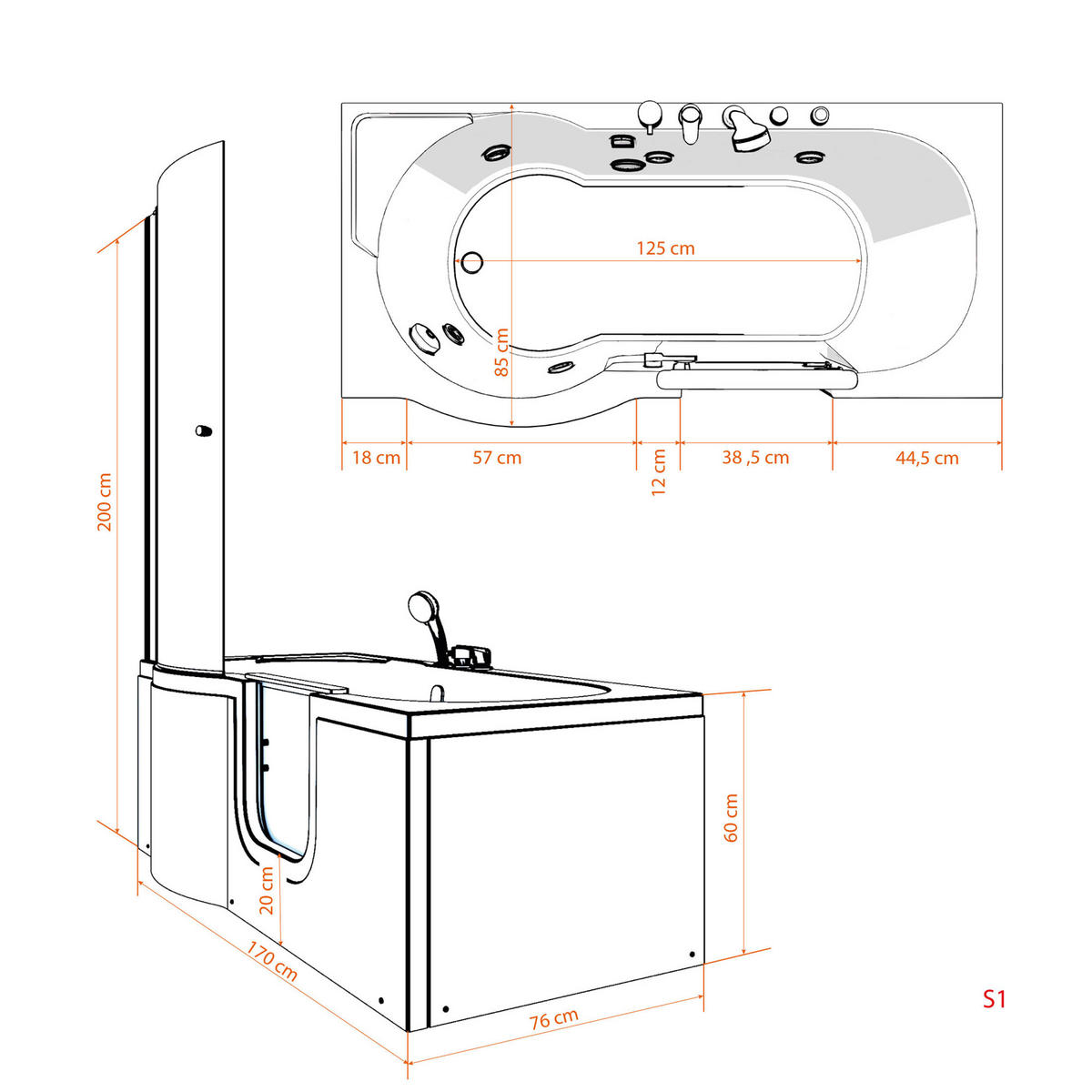SENIORENDUSCHE S12D-EH-AIR-R-EC Weiß - Weiß, Glas/Kunststoff (170/200/85cm) - AcquaVapore by Sandra Jentho