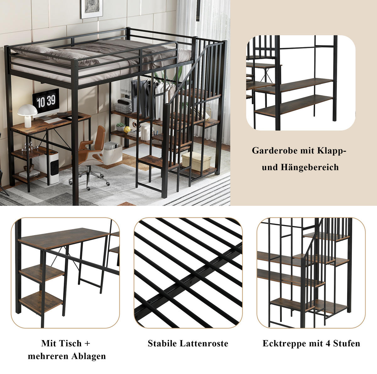 ETAGENBETT 120/200 cm mit Schreibtisch, Regal, offenem Kleiderschrank und Eckleiter, Schwarz - Schwarz, Holzwerkstoff (120/200cm) - Redom