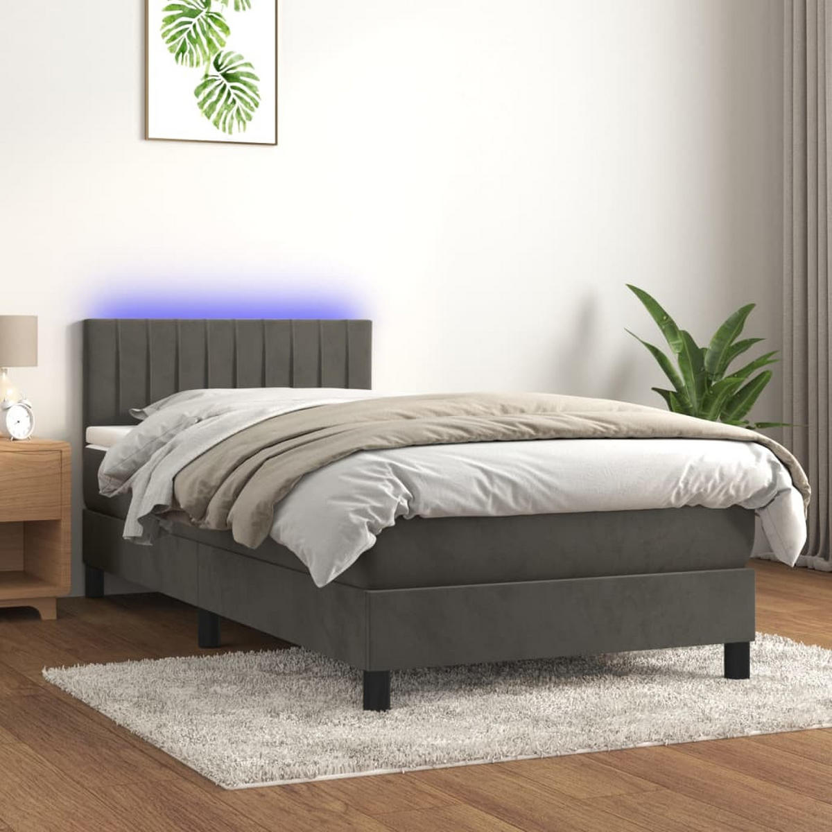 BOXSPRINGBETT mit Matratze und LED, 78/88 cm Kopfteil, 90/200 cm aus Samt, Dunkelgrau - Dunkelgrau, Holz/Textil - vidaXL