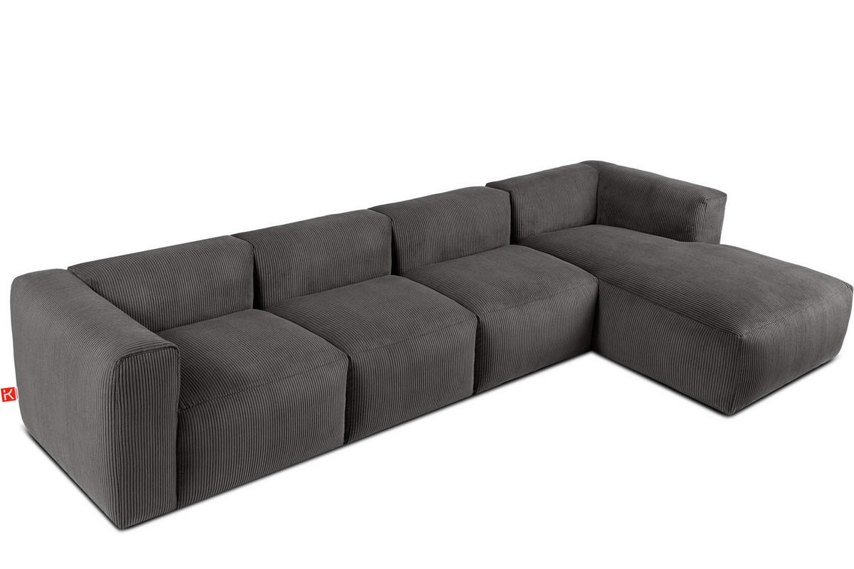 ECKMODULSOFA-RECHTS BUFFO 6-Sitzer mit extrem weicher Sitzfläche, Kordstoff, grau - Grau, Textil (377/180cm) - KONSIMO®