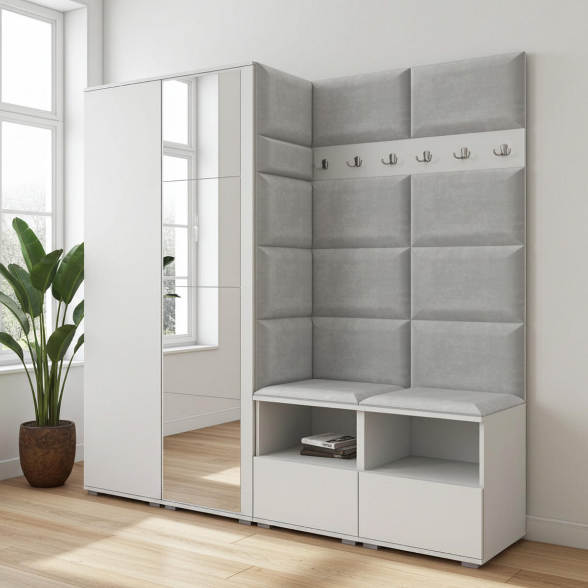 GARDEROBE NELA VI 200 cm (Kompaktgarderobe Weiß mit Spiegel & Sitzpolster Hellgrau 32 Schrank & Paneel) - Silberfarben/Hellgrau, Holz/Holzwerkstoff (200/187/40cm) - Ravio