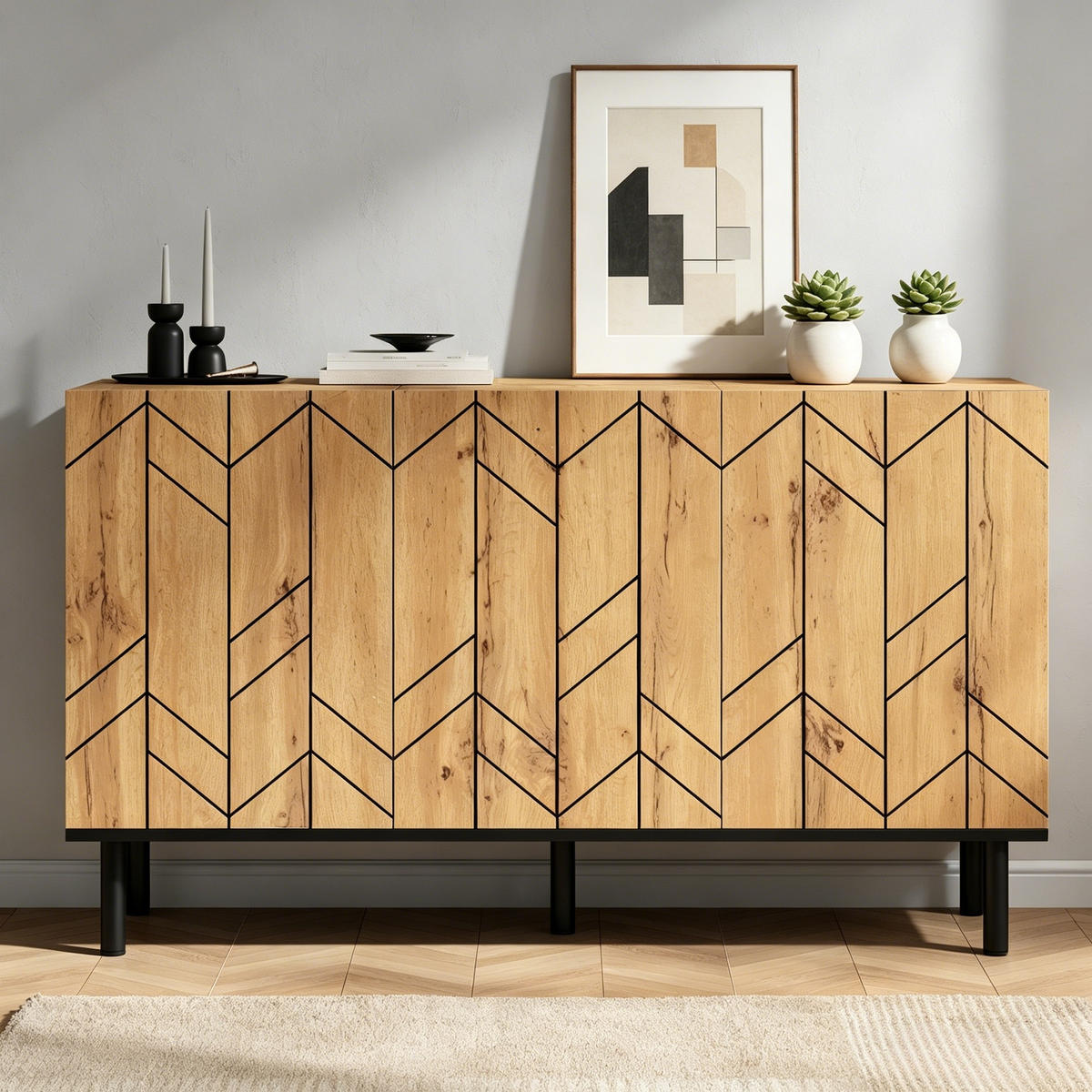 SIDEBOARD 120cm 3 Türen Wellenmuster Naturholz Metallbeine - Naturfarben, Holzwerkstoff (120/70/35cm) - FLIEKS