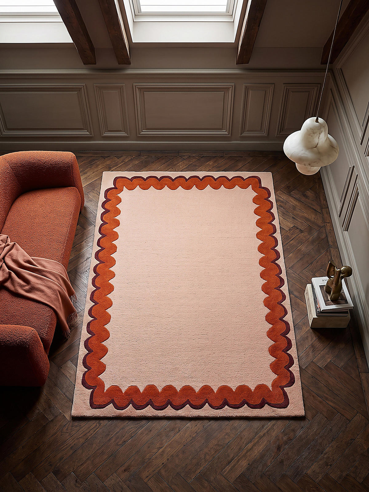 TEPPICH aus Wolle, handgetuftet, WAVENEY, in Orange, Zickzack-Wellenbordüre, 140 x 200 cm - Orange, Textil (140/200cm) - KADIMA DESIGN