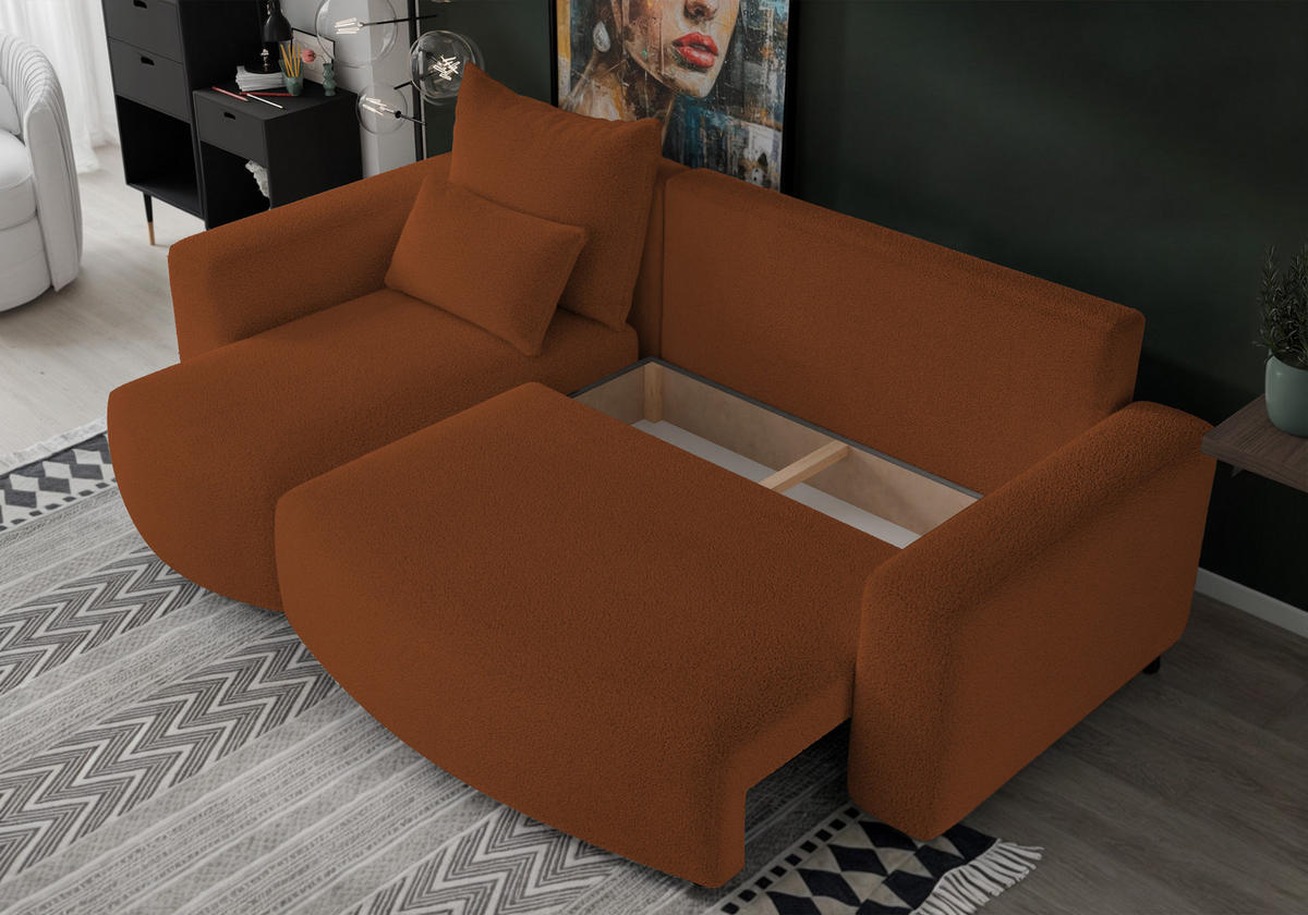 ECKSOFA Travis mit Bettkasten und Schlaffunktion, L-Form, Boucle, Universal - Rostfarben, Holzwerkstoff (248/148cm) - 4ALL HOME
