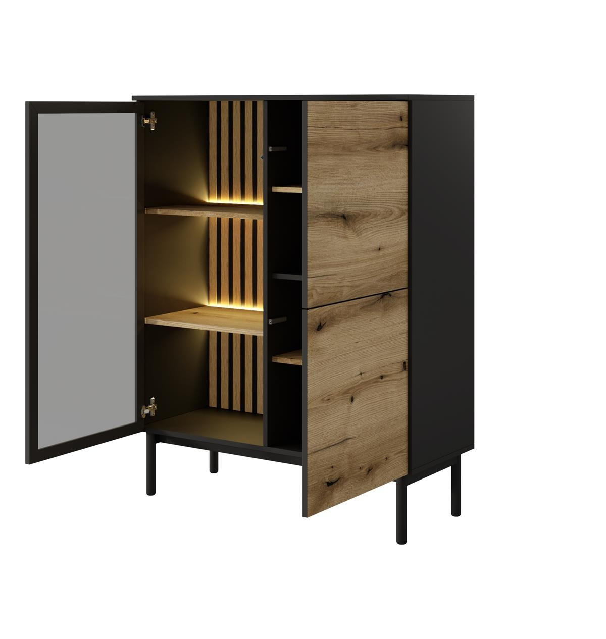 VITRINE Lango 125 Schwarz mit Eiche Evoke, Glasvitrine mit Led-Beleuchtung - Hellbraun/Schwarz, Holzwerkstoff (100/125/39cm) - Bettso