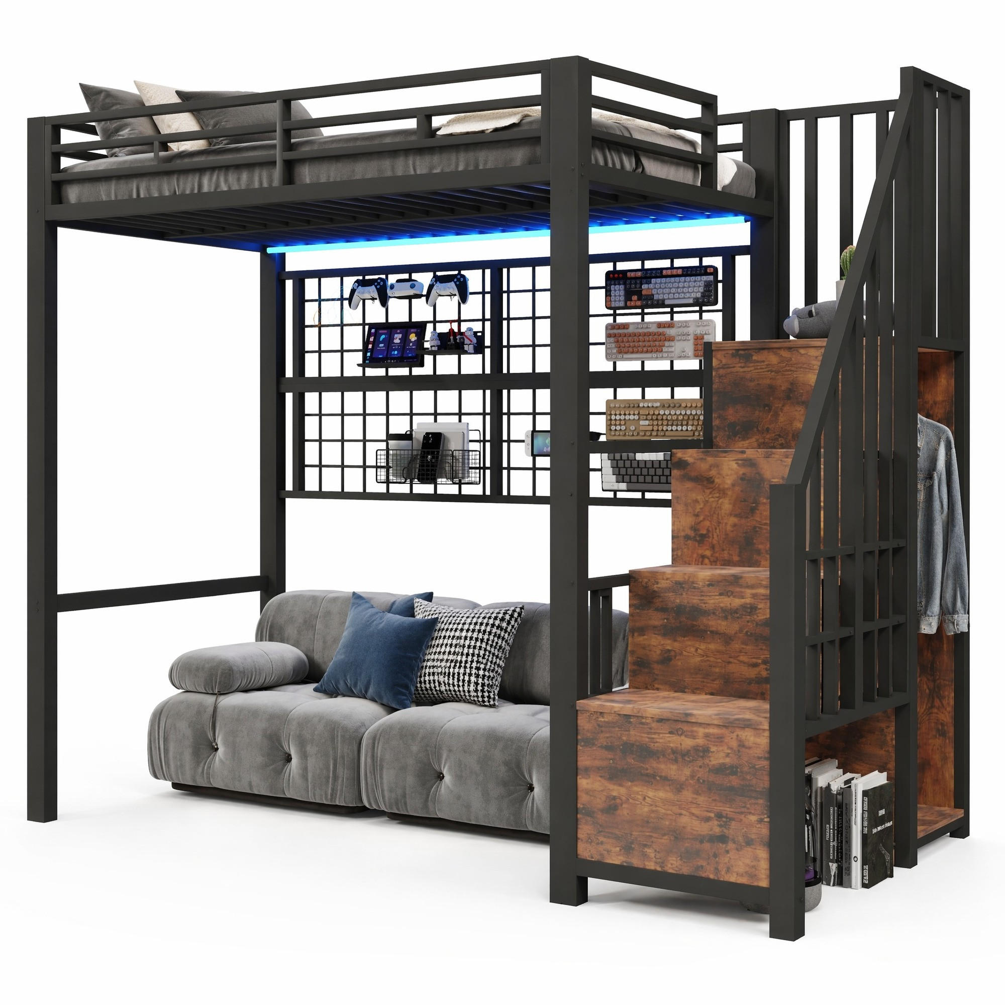 HOCHBETT 90/200 cm in Schwarz mit Kleiderschrank, Stauraumleiter und LED - Schwarz, Holzwerkstoff/Metall (90/200cm) - CHICFURN