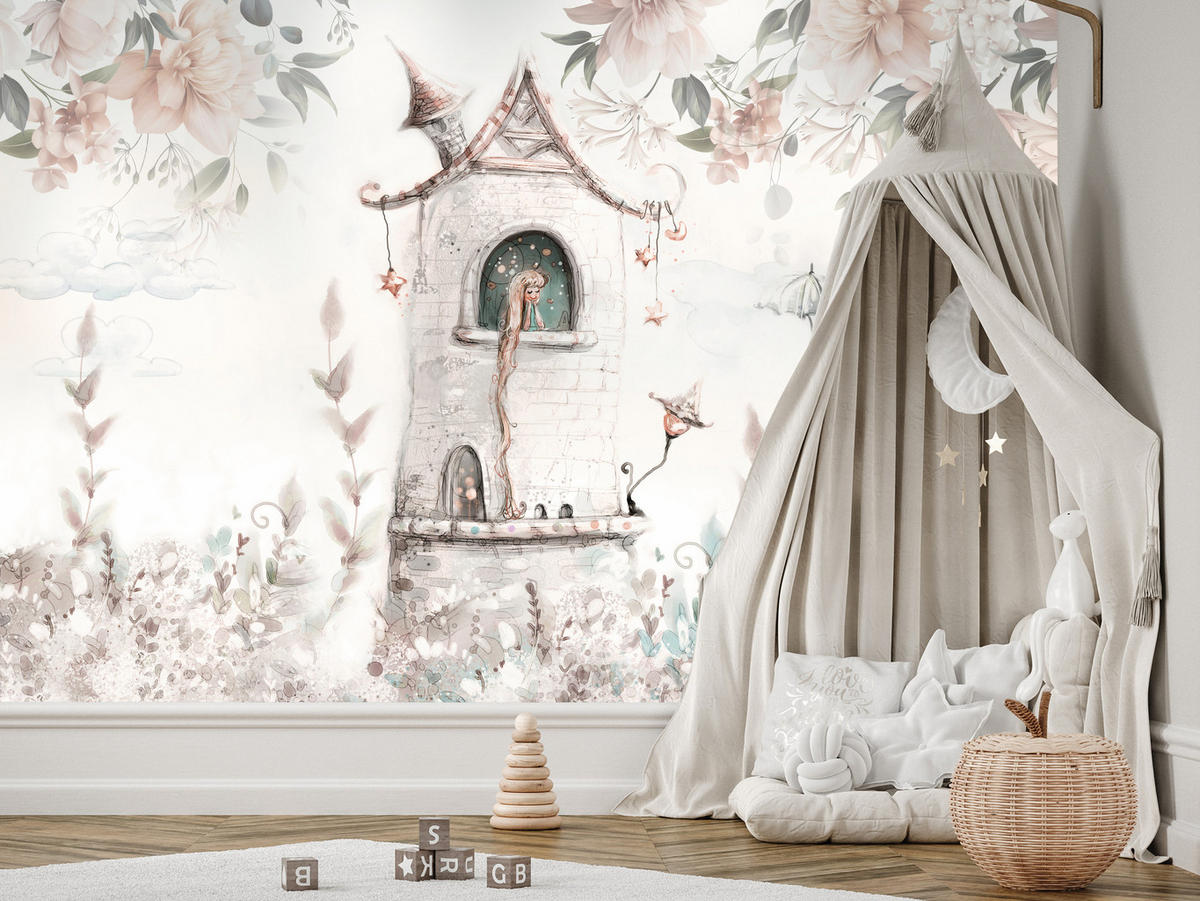 FOTOTAPETE für Kinderzimmer Prinzessin Turm Blumen Pflanzen 200x140 - Multicolor, Papier (200/140cm) - Muralo