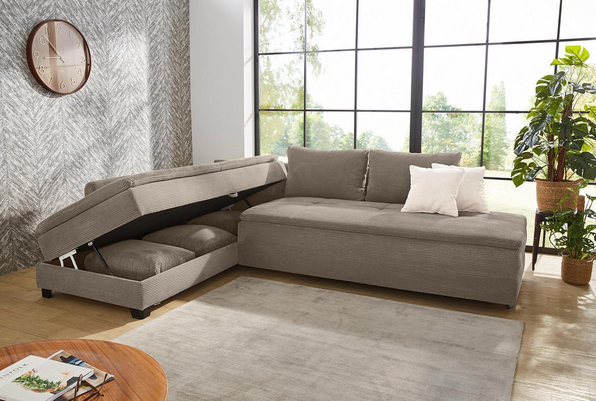 ECKSOFA-DAUERSCHLÄFER Doppelbett Boxspring Federkern Topper, seitenverkehrt montierbar B306/T223/H95 cm, Cord Braun Taupe / 15162 - Taupe/Schwarz, Kunststoff/Textil (306/223cm) - luma-home