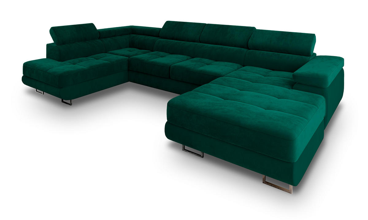 WOHNLANDSCHAFT CASONE L-S Grün Velours-Stoff mit Schlaffunktion - Grün, Holz (345/90/202cm) - MASSENO