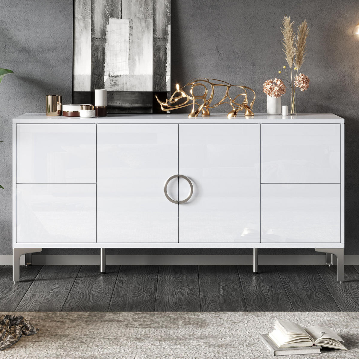 SIDEBOARD, 150/38/59,5 cm, MDF bílá s vysokým leskem, 4 zásuvky a 2 dvířka - bílá, kompozitní dřevo (150/59.5/38cm) - BEAOK