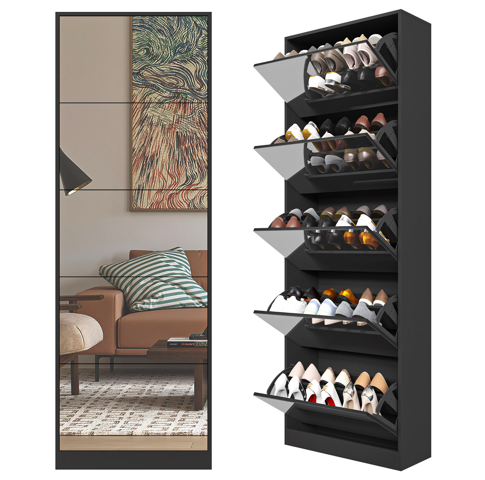 SCHUHSCHRANK aus MDF 24x63x185 cm Schwarz mit Spiegel, 5 Klappen und doppellagiger Schuhaufbewahrung - Schwarz, Holzwerkstoff (63/185/24cm) - Modfu