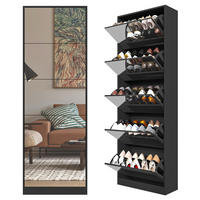 SCHUHSCHRANK aus MDF 24x63x185 cm Schwarz mit Spiegel, 5 Klappen und doppellagiger Schuhaufbewahrung - Schwarz, Holzwerkstoff (63/185/24cm) - Modfu