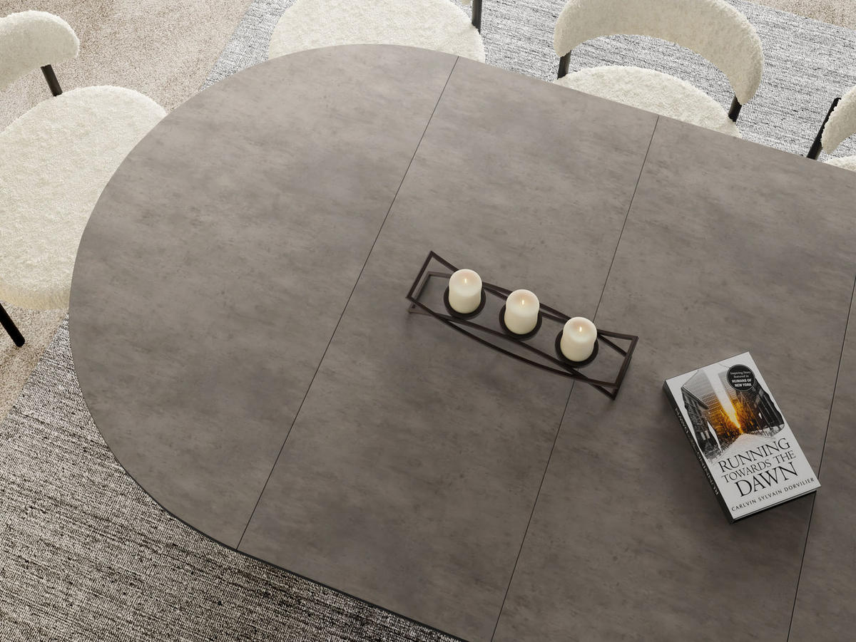ESSTISCH Naro rund ausziehbar mit Schwarzem Lamellen-Metallgestell, Beton-Optik Dunkelgrau 100-180/100/76 cm - Dunkelgrau/Schwarz, Holzwerkstoff/Metall (100/100/76cm) - WFL GROUP