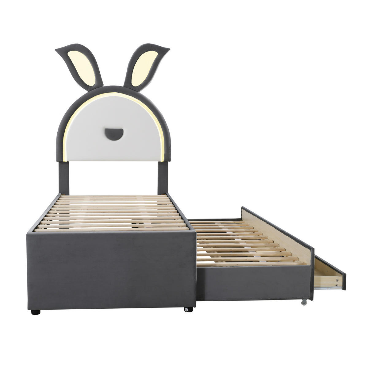 KINDERBETT 90/200 cm mit Ausziehbett, 3 Schubladen, LED-Beleuchtung und Samtbezug, Grau - Grau, Textil (90/200cm) - Redom