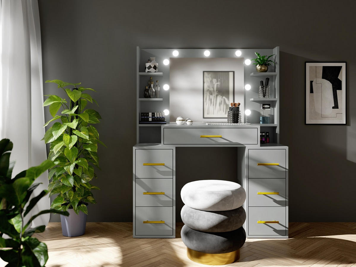 SCHMINKTISCH Star Grau, mit Spiegel und Beleuchtung - Grau, Glas/Holzwerkstoff (110/140/40cm) - Bettso