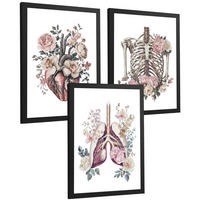 POSTER Set aus 3 Anatomie Florale Drucke und Wandbilder mit Herz Brustkorb und Lungen Detaillierter Illustrationsstil Größe Schwarzer Rahmen A4 - Schwarz, Papier (21/29.7/3cm) - Nacnic