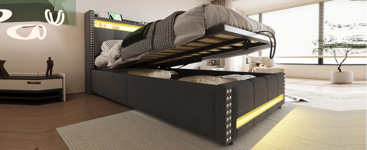 KINDERBETT 90x200 cm LED USB Stauraum grau - Grau, Textil (90/200cm) - LEBENLANG