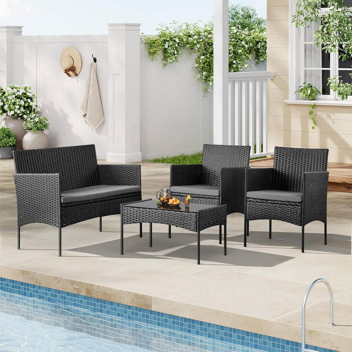 GARTENMÖBEL-SET Sicherheitsglas, Schwarz - Schwarz, Glas/Kunststoff - Woltu