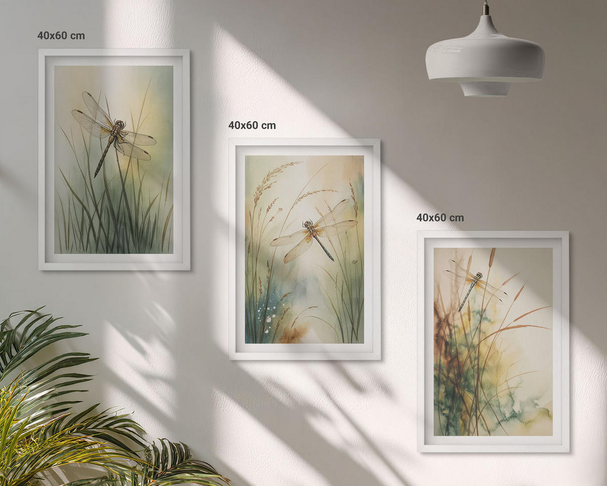 WANDBILDER 3er-Set - 40x60 cm Weißer Rahmen - Libellengräser über dem Wasser - Weiß, Kunststoff (40/60cm) - ArtPrintCave