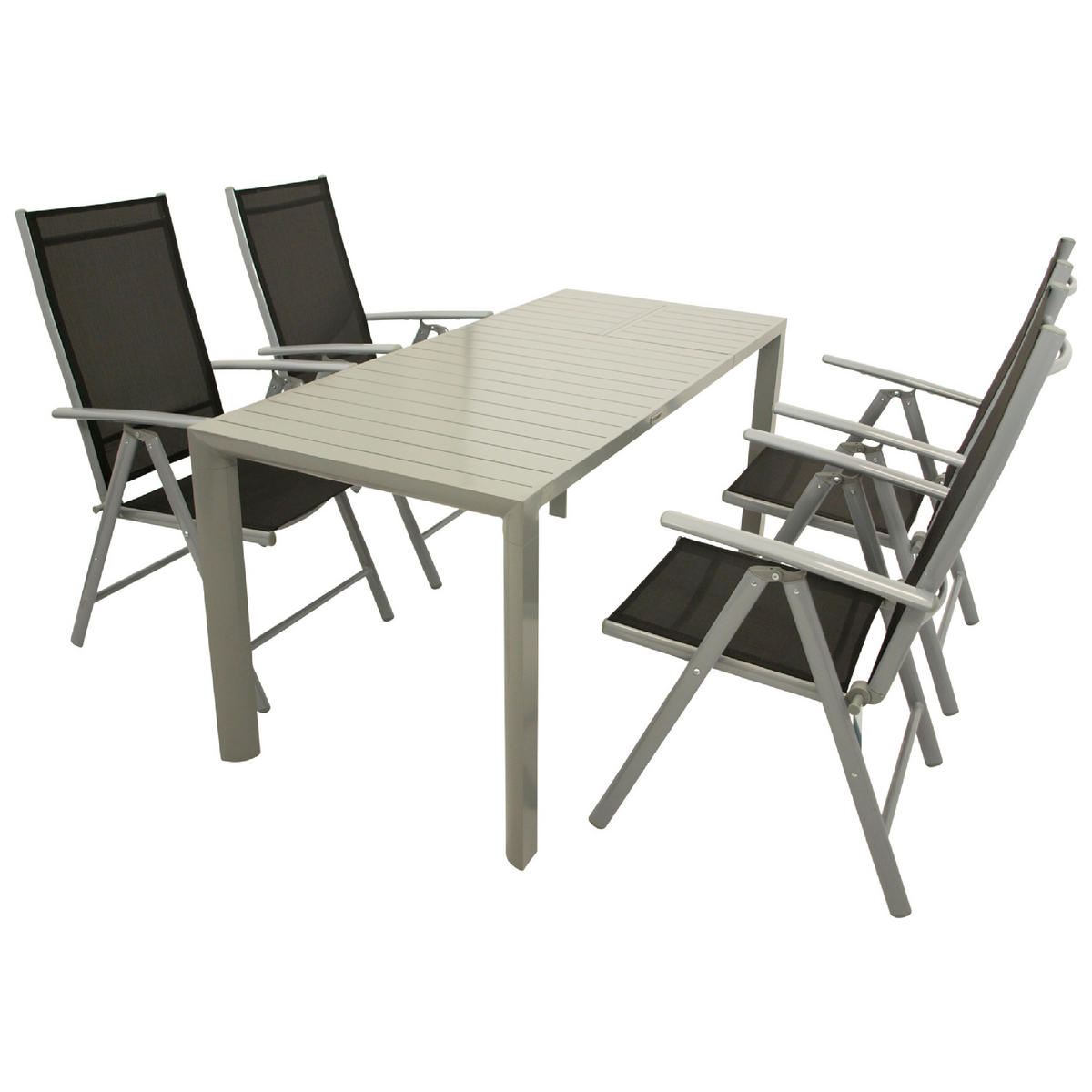 GARTEN-GARNITUR Sunderland - 5-teilige Garten-Essgruppe (4x Klappsessel mit Aluminiumgestell grau, Bespannung Textilene schwarz - Schwarz, Metall - TPFGarden