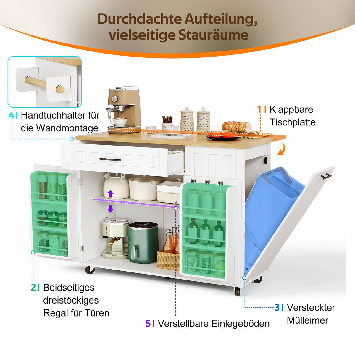 KÜCHENINSEL auf Rollen 130/45/93.3 cm Weiß mit klappbarer Arbeitsplatte, 1 Schublade und Mülleimerschrank - Weiß, Holz/Holzwerkstoff (70/93/130cm) - Oxeza