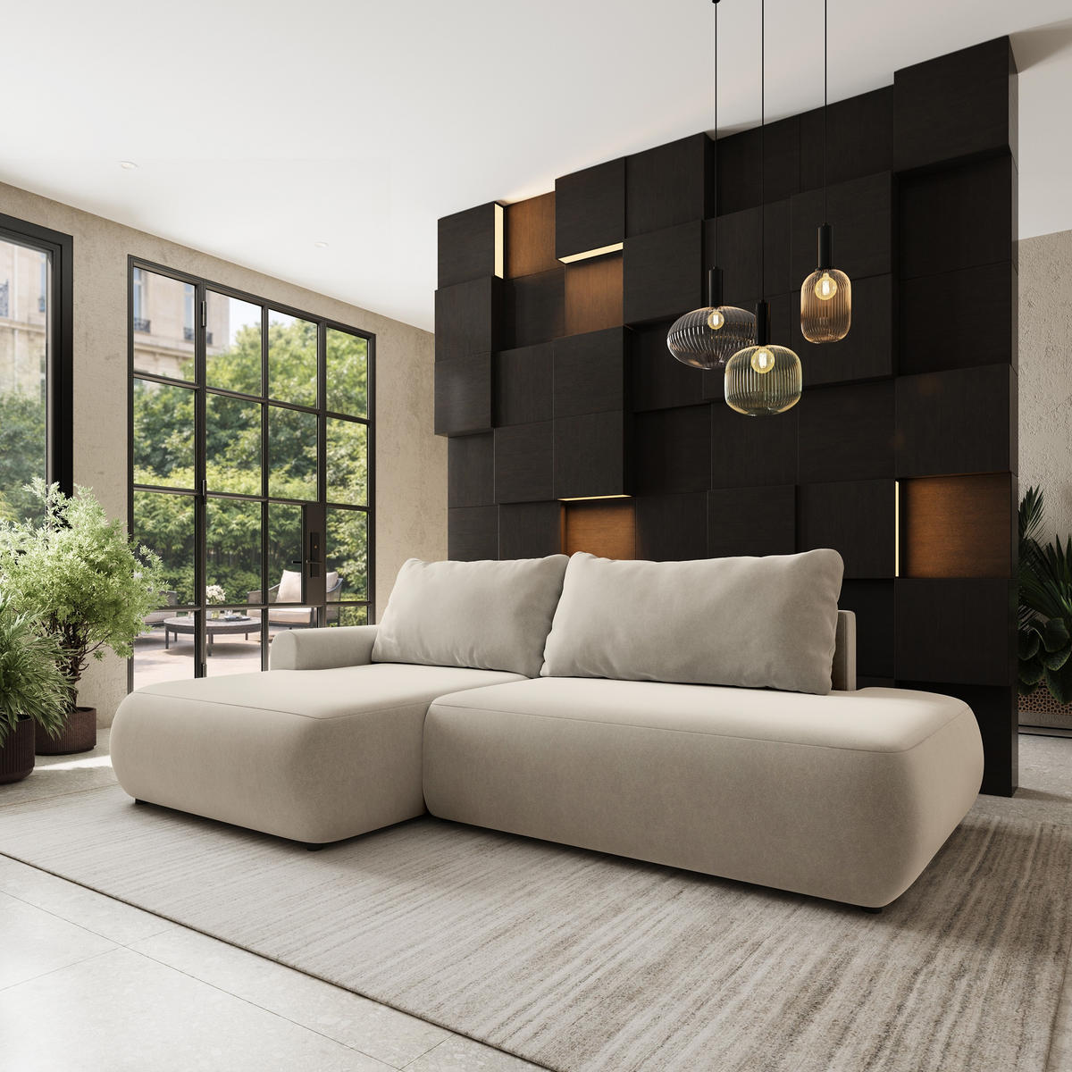 ECKSOFA NUVIRA CL L-S Creme Samtstoff mit Schlaffunktion - Creme, Holzwerkstoff/Textil (279/158cm) - MASSENO