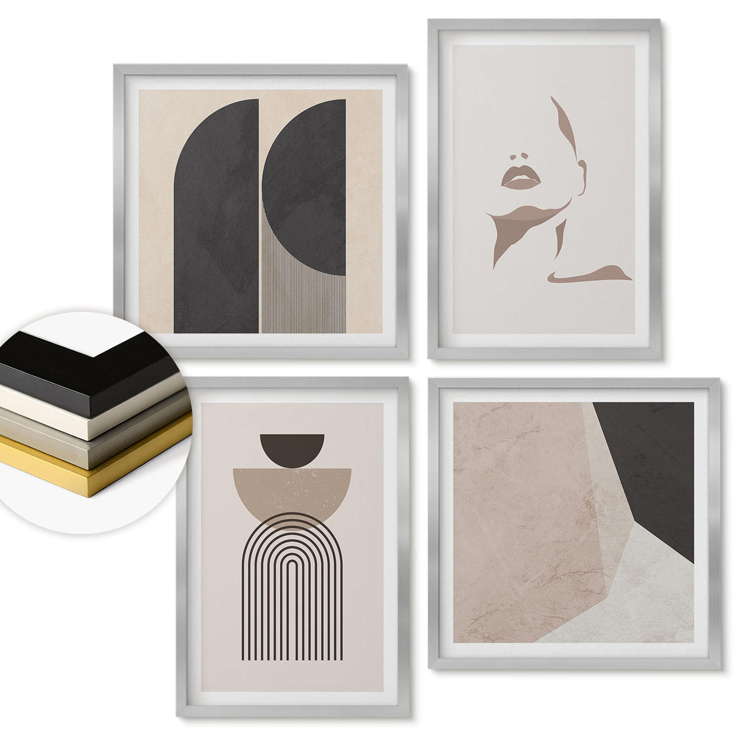 WANDBILDER 4er Set - 50x50 cm & 40x60 cm Silberner Rahmen - Abstrakte weiß-braune Muster - Silberfarben, Kunststoff (50/50cm) - ArtPrintCave