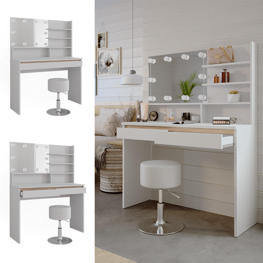 SCHMINKTISCH Emma Weiß 120 cm mit Spiegelregal, Hocker & LED-Beleuchtung - Weiß, Holzwerkstoff (120/83/41.8cm) - Vicco