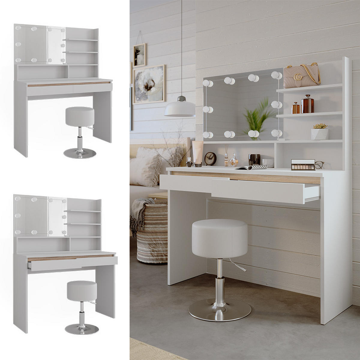 SCHMINKTISCH Emma Weiß 120 cm mit Spiegelregal, Hocker & LED-Beleuchtung - Weiß, Holzwerkstoff (120/83/41.8cm) - Vicco