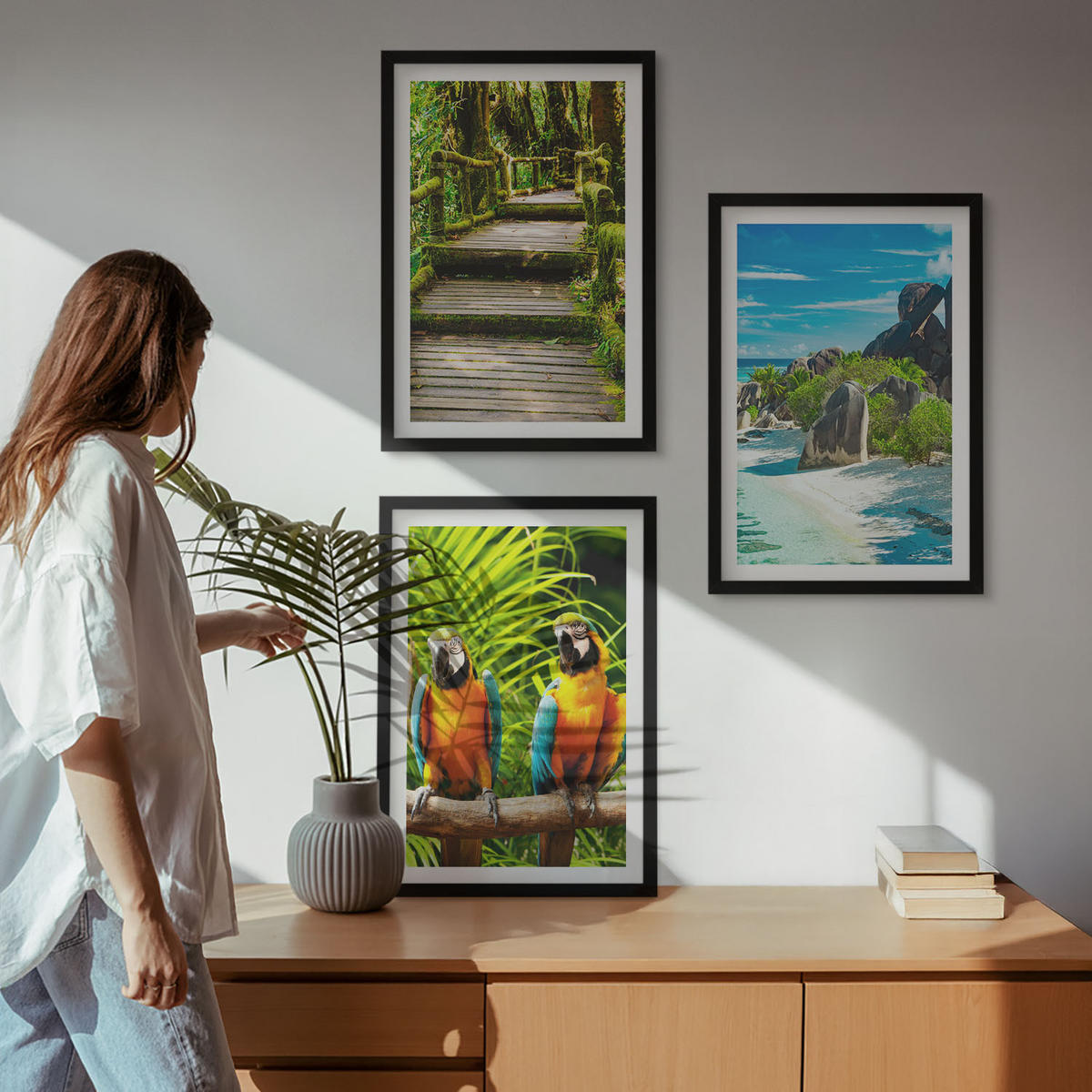 BILDER SET 3er Set - 40x60 cm Schwarzer Rahmen - Tropischer Wald Papageienwasserfall - Schwarz, Kunststoff (40/60cm) - TULUP