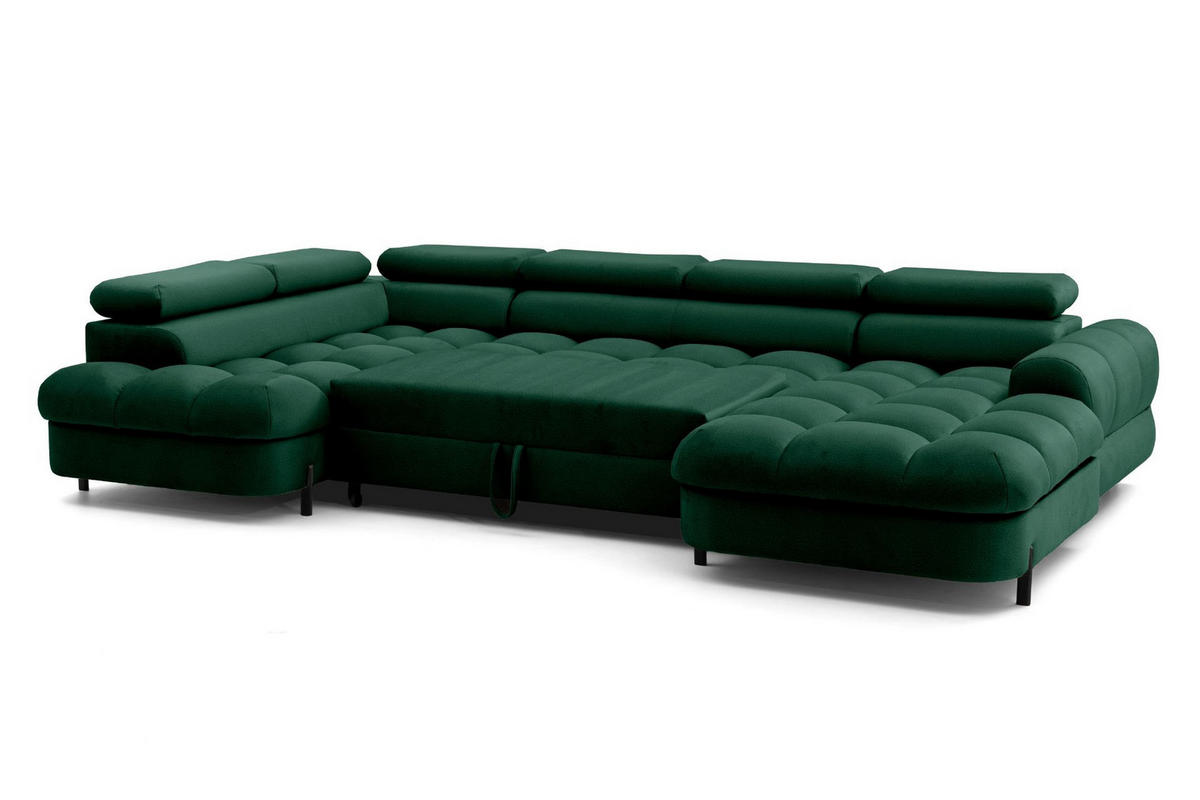 ECKSOFA U-Form BOWL U Links mit Schlaffunktion 125x265 Velours Grün - Schwarz/Grün, Holz/Textil (339/90/195cm) - Muffo