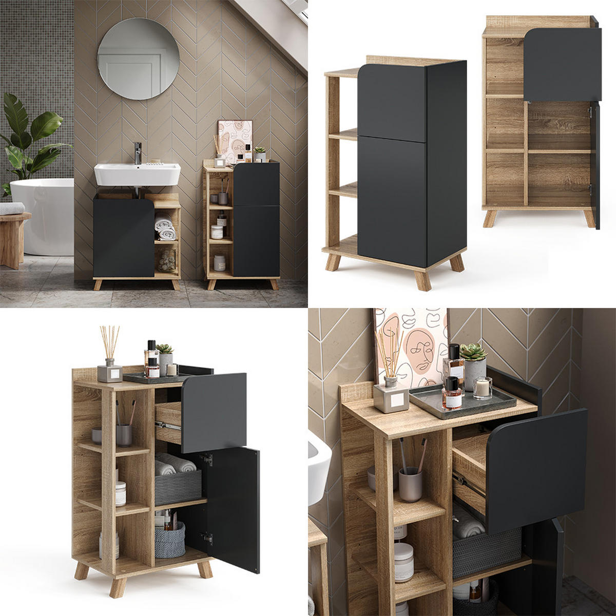 UNTERSCHRANK Karen Anthrazit 50 x 90 cm mit Tür und Schublade - Anthrazit/Sonoma Eiche, Holzwerkstoff (50/90/35cm) - Vicco