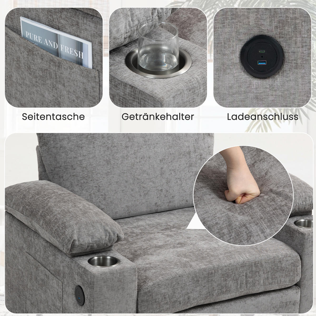 SESSEL DE-35287 mit USB und Getränkehalter Grau - Grau, Textil (98/83/148cm) - ComfortXL