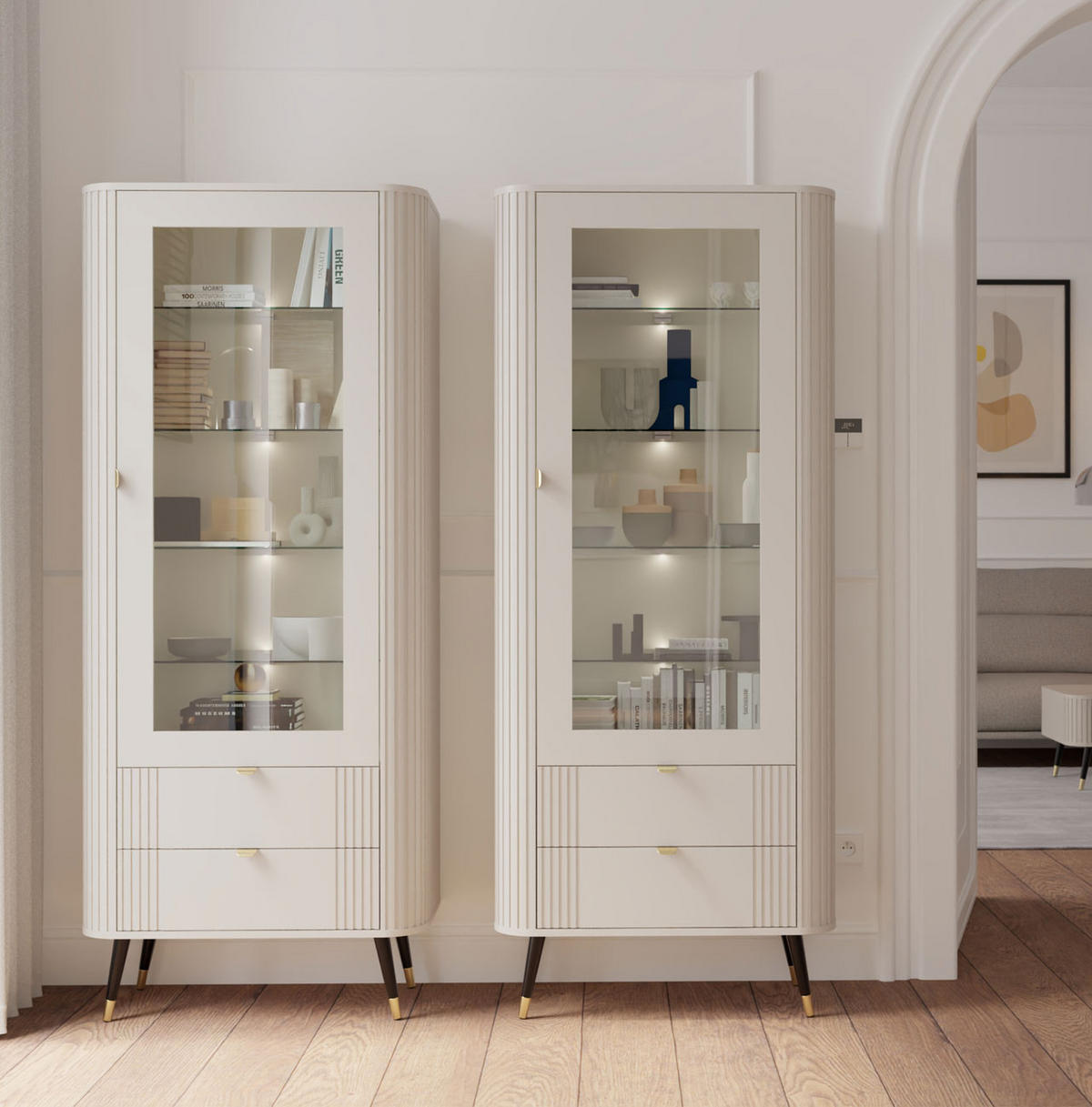 VITRINE Onyx Kaschmir gold 78,4 / 40 / 192,4cm - Kaschmir/Beige, Glas/Holzwerkstoff (78.4/192.4/40cm) - Feldmann-Wohnen
