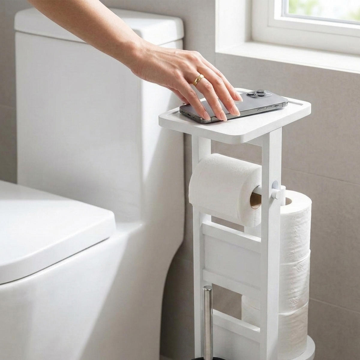 WC-SOUPRAVA bílá bambus s poličkou 80 cm - bílá, dřevo/kompozitní dřevo (30/80/18cm) - Relaxdays